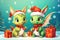 Cute cartoon green dragons wearing a Santa hat. New Year animal illustration. Christmas card.