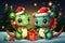 Cute cartoon green dragons wearing a Santa hat. New Year animal illustration. Christmas card.