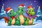Cute cartoon green dragons wearing a Santa hat. New Year animal illustration. Christmas card.