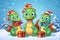 Cute cartoon green dragons wearing a Santa hat. New Year animal illustration. Christmas card.