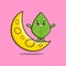 Cute cartoon Green leaf standing on crescent moon