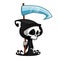 Cute cartoon grim reaper with scythe isolated on white. Cute Halloween skeleton death character icon.