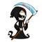 Cute cartoon grim reaper with scythe isolated on white. Cute Halloween skeleton death character icon.
