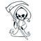 Cute cartoon grim reaper with scythe isolated on white. Cute Halloween skeleton death character outlines