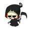 Cute cartoon grim reaper with scythe on white. Cute Halloween skeleton death character.
