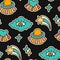 Cute cartoon groovy cloud, ufo, star sticker vector seamless pattern, Hippie retro illustration