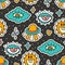 Cute cartoon groovy sticker vector seamless pattern, Hippie retro illustration