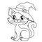 Cute cartoon halloween cat in halloween hat. Black and white vector illustration for coloring book