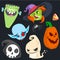 Cute cartoon Halloween characters icon set. Monster, witch, vampire, pumpkin head, death and cute ghost