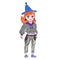Cute cartoon Halloween young girl witch, red hair. Hand drawn watercolor illustration.