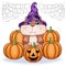 Cute cartoon hamster wearing wizard hat with broom and pumpkins, halloween holiday character