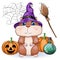 Cute cartoon hamster wearing wizard hat with broom and pumpkins, halloween holiday character