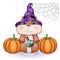 Cute cartoon hamster wearing wizard hat with broom and pumpkins, halloween holiday character