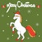 Cute cartoon hand drawn lettering merry christmas vector card illustration with unicorn with santa hat and snowflakes on green bac