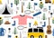 Cute cartoon hand drawn scandinavian style camping equipment symbols and icons. Vector illustration, camp clothes, shoes, guitar,