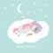 Cute cartoon hand drawn sleeping unicorn illustration. Vector magic dreams card.