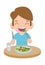 Cute cartoon happy boy eating salad. Healthy vegetable food and children vector illustration