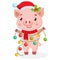 Cute Cartoon Happy Pig In Santa Hat. Little Pig Holding New Year Garland.