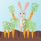 Cute cartoon happy rabbit, bunny or hare harvesting carrots from the ground. Children flat style.