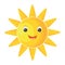 Cute cartoon happy sun with face isolated on white background. Summer shadowed clip art sunshine icon in kid\\\'s style.