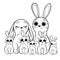 Cute cartoon hare family vector coloring page outline. Male and female hares with their leverets. Happy bunnies. Coloring book of