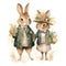 Cute cartoon hares, wedding couple of bunnies. Watercolor illustration vintage victorian style. Cottage core