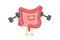 Cute cartoon healthy intestines character with dumbbells. Abdominal cavity digestive and excretion human internal organ