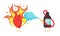 Cute cartoon heart character burning and unhealthy sick pain emotion. Brown medicine bottle puts out a fire like