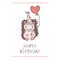 Cute cartoon hedgehog with heart shaped balloon and happy birthday party hat