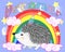 A cute cartoon hedgehog with a unicorn horn on a rainbow. Concept everyone can be a unicorn