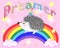 A cute cartoon hedgehog with a unicorn horn on a rainbow. Concept everyone can be unicorn