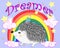 A cute cartoon hedgehog with a unicorn horn on a rainbow. Concept everyone can be unicorn