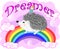 A cute cartoon hedgehog with a unicorn horn on a rainbow. Concept everyone can be unicorn