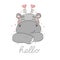 Cute cartoon hippo with hello words. Great kids print for clothes or room, for cover and poster, collage. Vector.