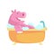 Cute cartoon hippo taking a bath, pink hippopotamus washing in foamy bathtub colorful character, animal grooming vector