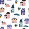 Cute cartoon houses seamless pattern. Various little tiny houses. Small townhouses, minimalism of urban buildings. Perfect for