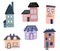Cute cartoon houses. Various little tiny houses. Small townhouses, minimalism of urban buildings, minimal suburban residential