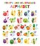 Cute cartoon illustrated alphabet with funny fruits and vegetables characters. English alphabet