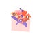 Cute cartoon illustration of envelope with flowers and leaves. Girl feminist icon of letter with love or friendship