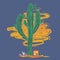 Cute cartoon illustration with high saguaro cactus and liitle house. Mexican fairy landscape, print for cards or textile