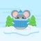 Cute cartoon illustration of mouse on snowdrift and forest. Cold weather with snow.