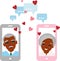 Cute cartoon illustration of old african american people in love using telephone and internet.