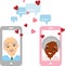 Cute cartoon illustration of old european african american people in love using telephone and internet.