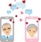 Cute cartoon illustration of old european people in love using telephone and internet.
