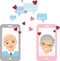 Cute cartoon illustration of old european people in love using telephone and internet.