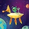 Cute cartoon illustration of UFO and alian creature space ship landing on the Earth or Exo planet. Cute Alien In