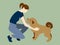 Cute cartoon illustration of woman stroking a dog