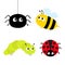 Cute cartoon insect set. Ladybug, lady bird, honeybee bee, caterpillar, spider. Dash line. White background. Isolated. Flat design