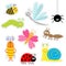 Cute cartoon insect sticker set. Ladybug, dragonfly, butterfly, caterpillar, ant, spider, cockroach, snail. Isolated. Flat design