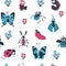 Cute cartoon insects seamless pattern. Beetles and bees with happy face, spider caterpillar butterfly background. Vector